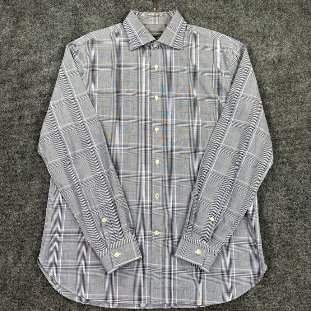 Michael Kors‎ Mens Slim Fit Plaid Dress Shirt Blue Grey Long Sleeve Button Down